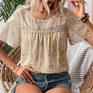 Boho Lace Butterfly Sleeve Short Sleeve Blouse